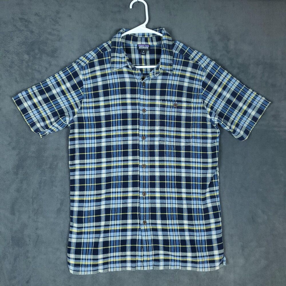 Patagonia Shirt Mens Medium Blue Plaid Organic Cotton Short Sleeve Button Up